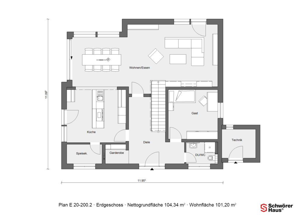 Bauhaus als Fertighaus mit Pultdach Grundriss Erdgeschoss