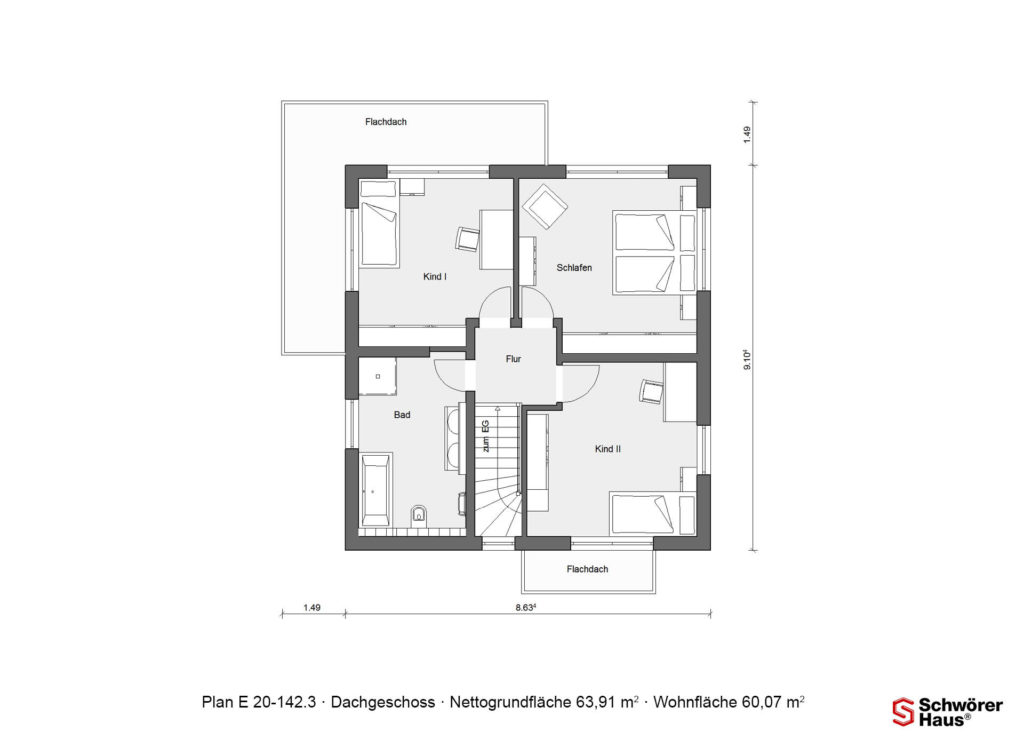 Bauhausstil Haus als Fertighaus Grundriss Dachgeschoss