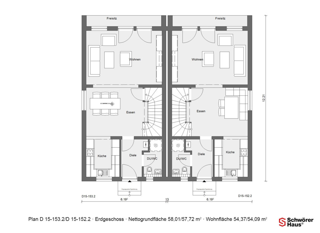 Grundriss modernes Doppelhaus Erdgeschoss