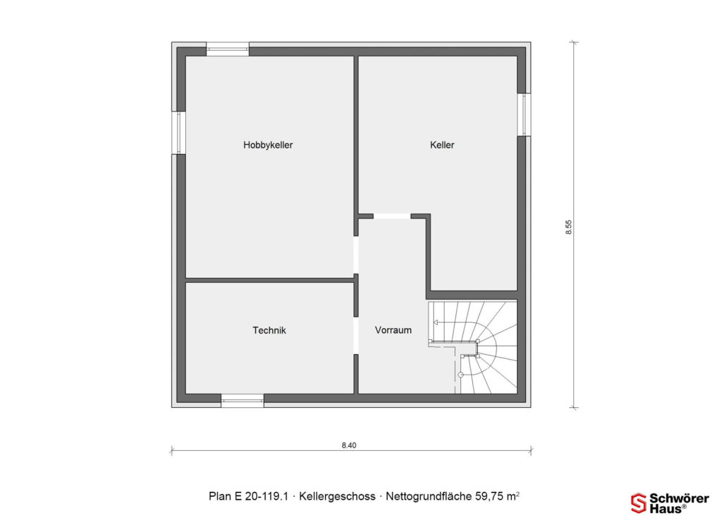 modernes Bauhaus als Fertighaus Grundriss Kellergeschoss