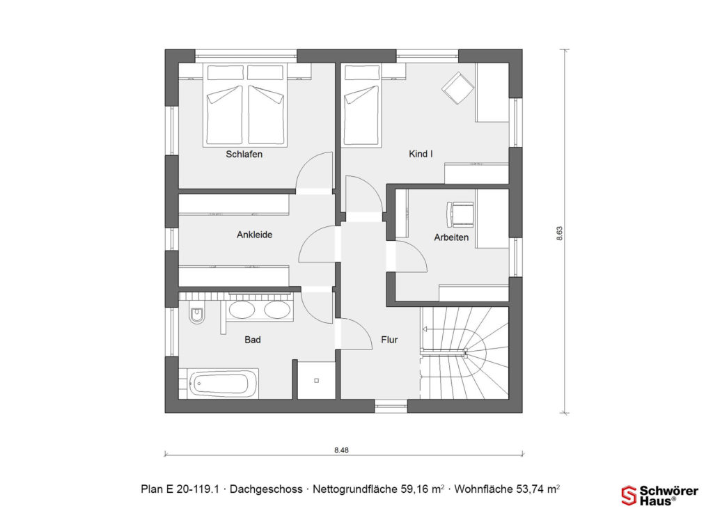 modernes Bauhaus als Fertighaus Grundriss Obergeschoss