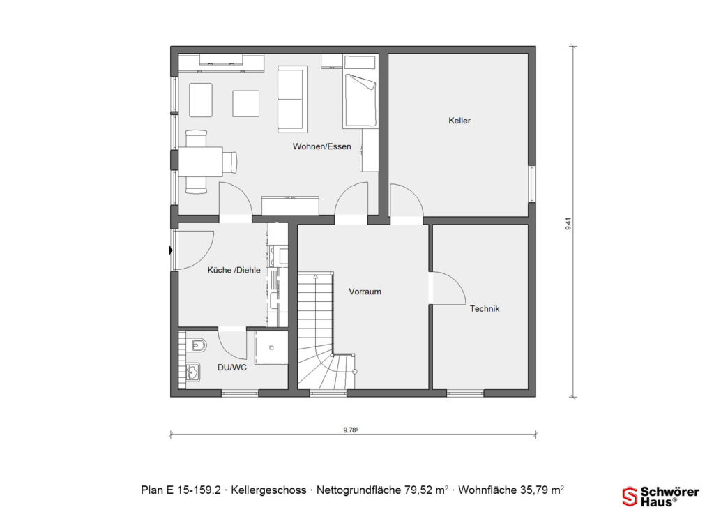 quadratisches Haus mit Satteldach Grundriss Kellergeschoss