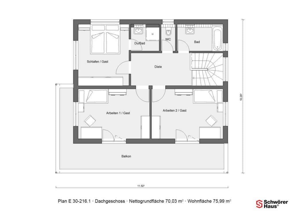 Grundriss des Dachgeschosses mit Schlafen, zwei Arbeitszimmern, Bad, Duschbad und Balkon