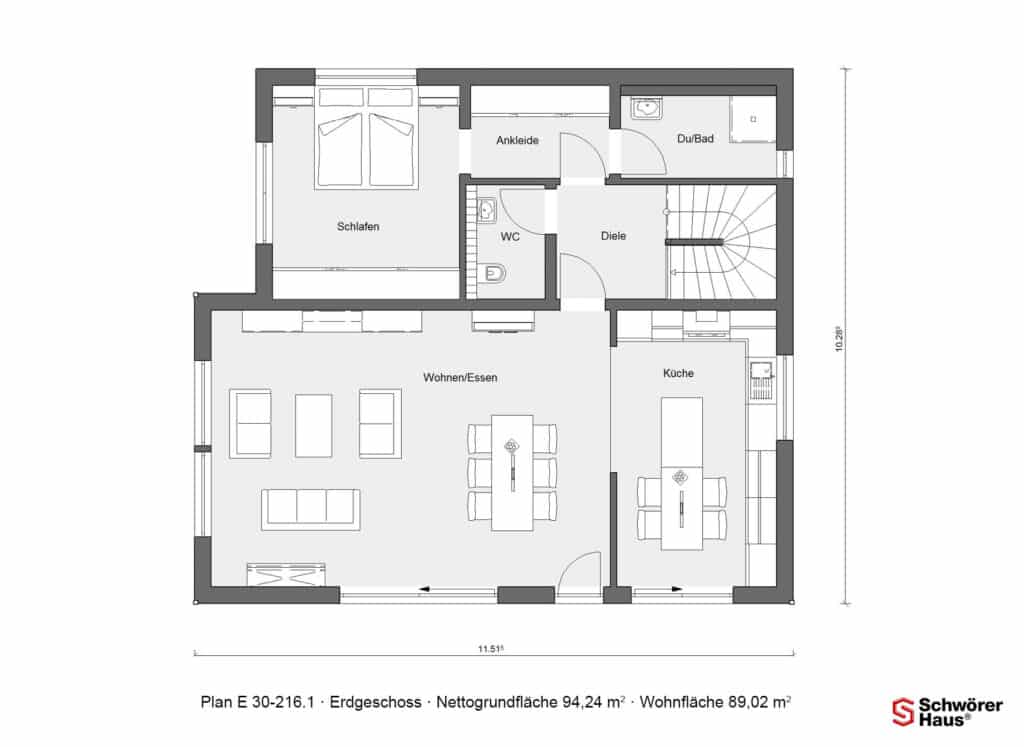 Grundriss des Erdgeschosses mit Wohnen, Essen, Küche, Schlafzimmer, Ankleide und Duschbad