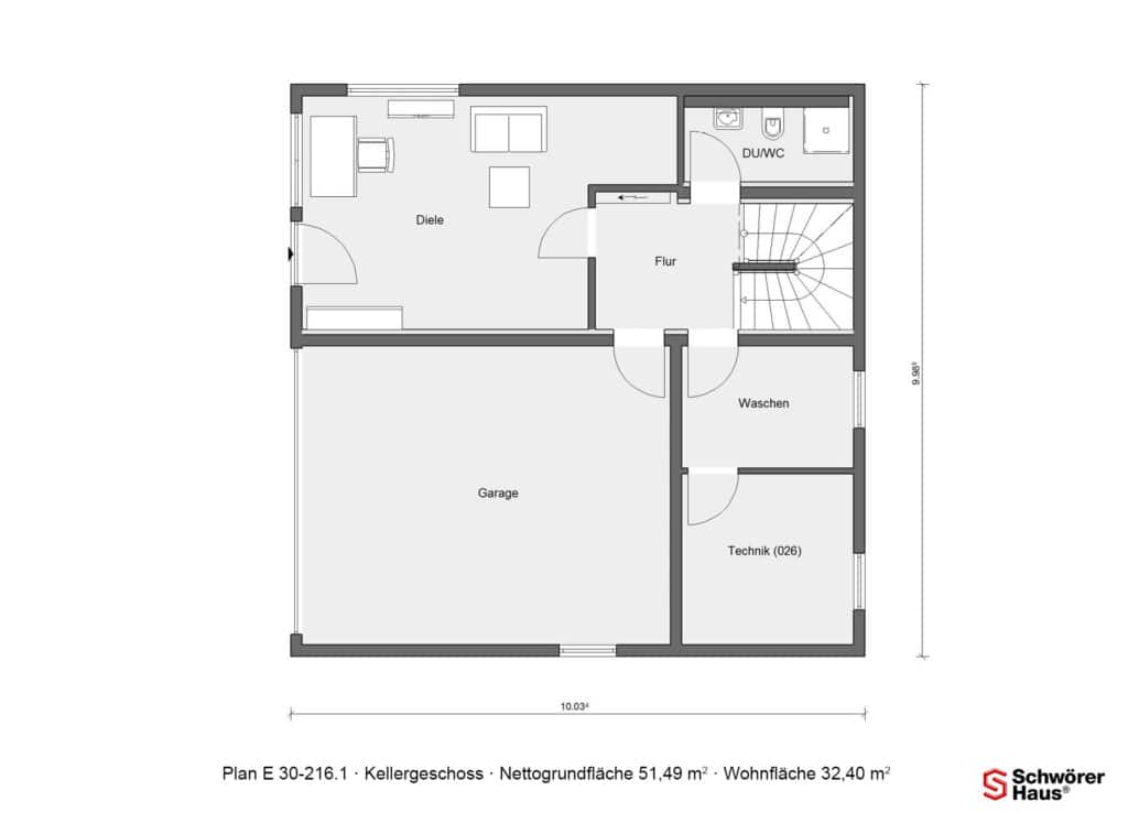 Grundriss des Kellergeschosses mit Garage, Diele, Technikraum, Waschraum und DU-WC