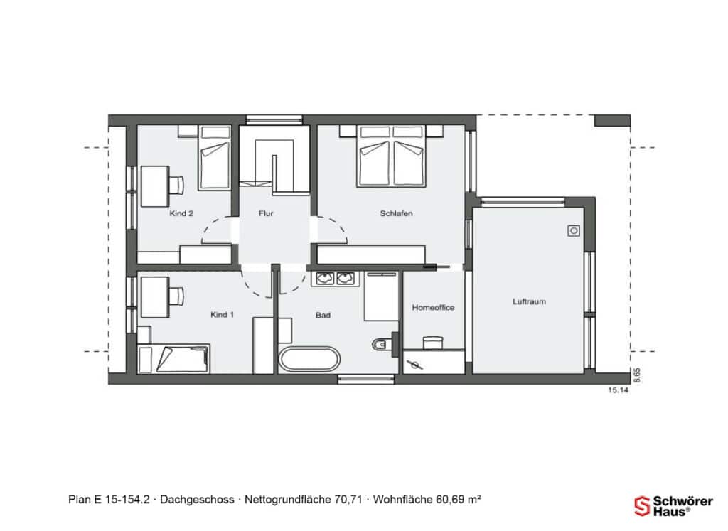 Grundriss Dachgeschoss eines freigeplanten Architektenhauses